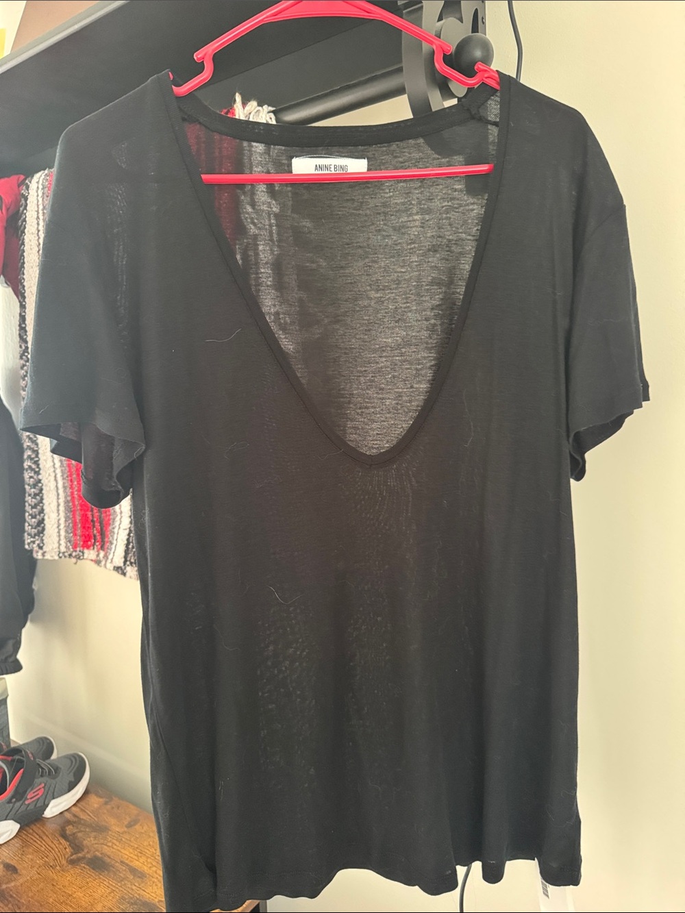 Anine Bing Black Deep V-Neck Short Sleeve Tee